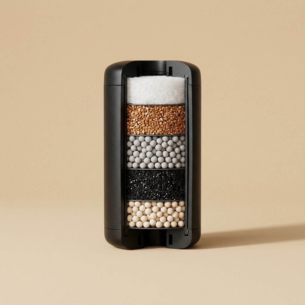 Rinnse multi-stage filter cartridge cross-section showing KDF-55, calcium sulfite, and activated carbon media